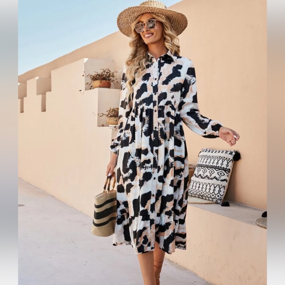 LEOPARD RUFFLE HEM SMOCK DRESS SIZE MEDIUM